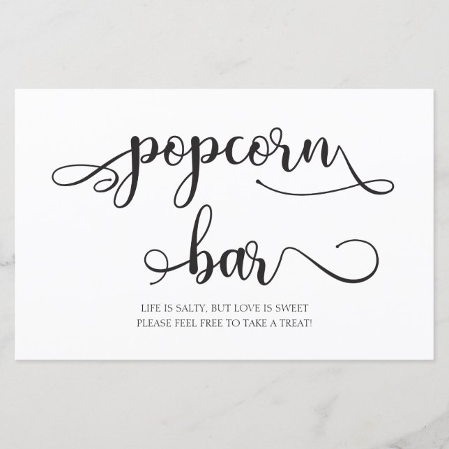 Popcorn Bar | Black White Minimalist Wedding Sign (Front)