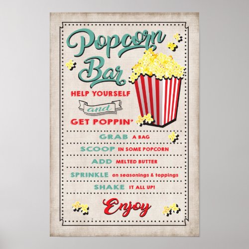 Popcorn Bar Menu Party Sign