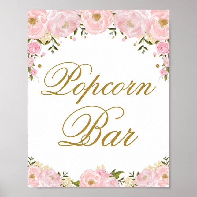 Popcorn Bar Pink Floral Wedding Favor Sign (Front)