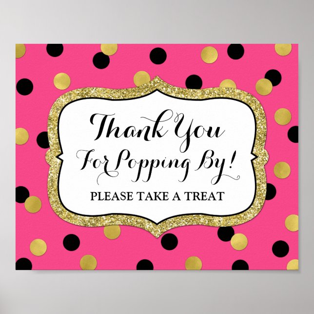 Popcorn Bar Sign Pink Black Gold Confetti (Front)