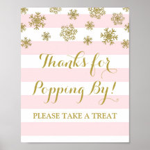 Popcorn Bar Sign Pink Stripes Gold Snowflakes