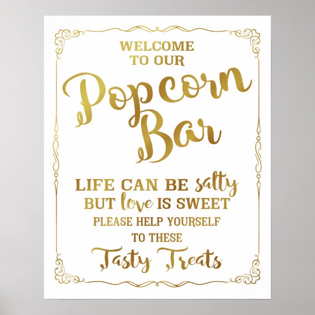 Popcorn Bar wedding sign elegant gold (Front)