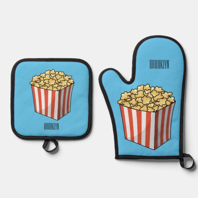 Popcorn cartoon illustration  oven mitt & pot holder set (Front)