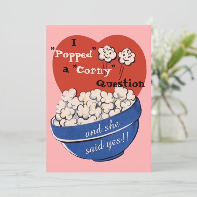 Popcorn Corny Question, Cute Retro Save the Date Invitation (Standing Front)