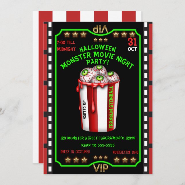 Popcorn Eyeballs Halloween Fright Night Movie Invitation (Front/Back)