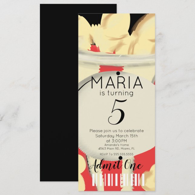 Popcorn Hand Drawn  Movies  Ticket Style Party   I Invitation (Front/Back)