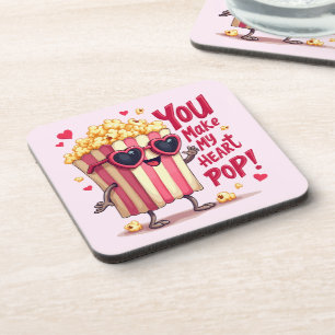 Popcorn Heart Pop Valentine Design Beverage Coaster
