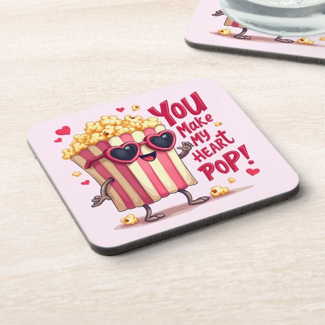 Popcorn Heart Pop Valentine Design Beverage Coaster (Left Side)