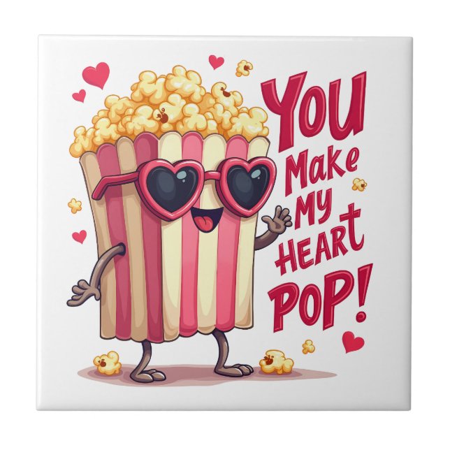 Popcorn Heart Pop Valentine Design Ceramic Tile (Front)