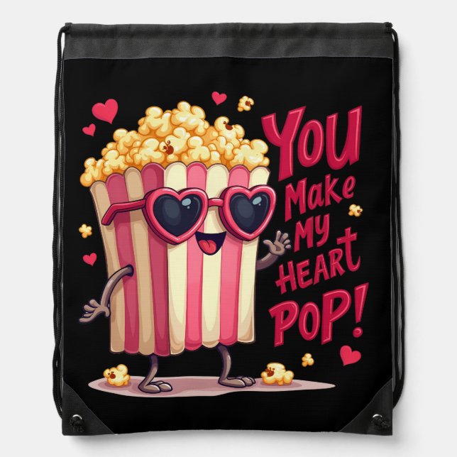 Popcorn Heart Pop Valentine Design Drawstring Bag (Front)