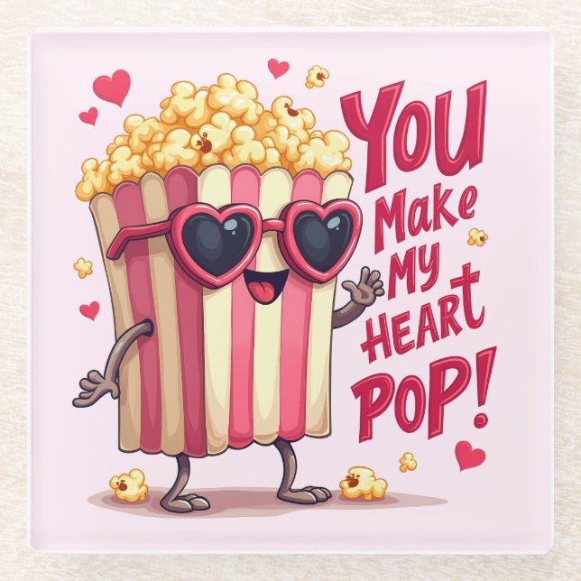 Popcorn Heart Pop Valentine Design Glass Coaster (Front)