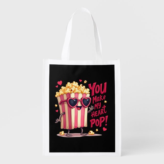 Popcorn Heart Pop Valentine Design Grocery Bag (Front)