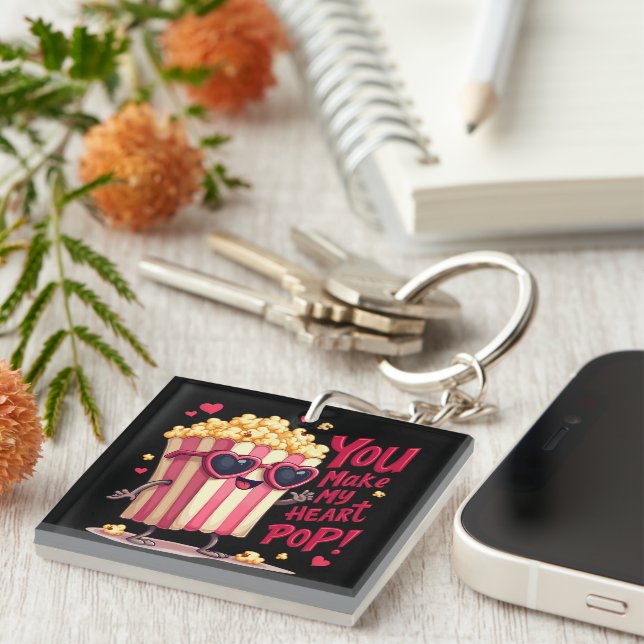 Popcorn Heart Pop Valentine Design Keychain (Front Right)