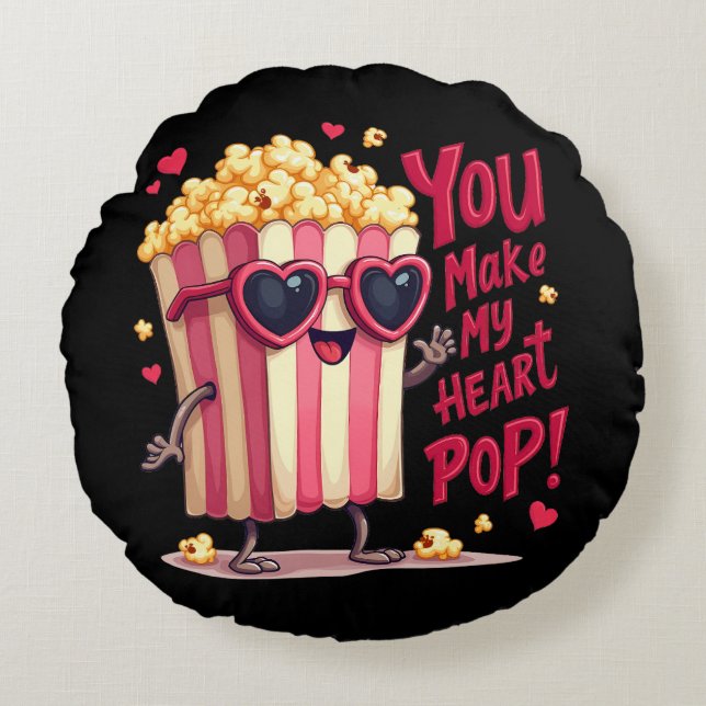 Popcorn Heart Pop Valentine Design Round Pillow (Front)