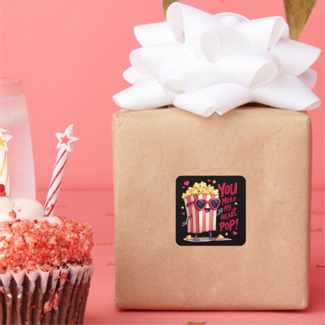 Popcorn Heart Pop Valentine Design Square Sticker (Party)