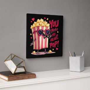 Popcorn Heart Pop Valentine Design Square Wall Clock
