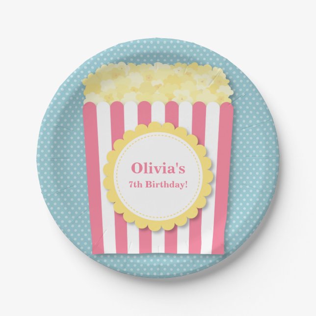 Popcorn Movie Night Birthday Party Supplies Paper Plates (Front)
