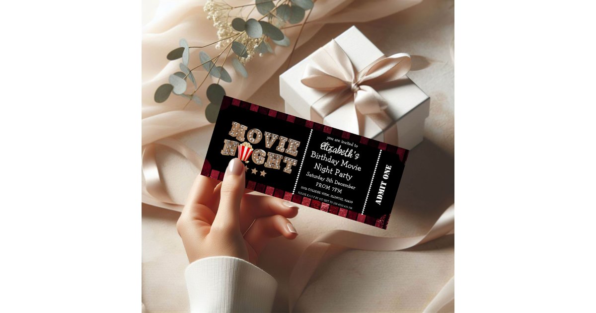 Popcorn Movie Night Birthday Party Ticket Style Invitation | Zazzle