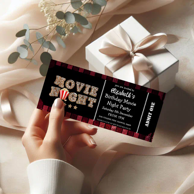 Popcorn Movie Night Birthday Party Ticket Style Invitation | Zazzle