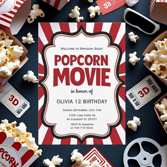 Popcorn Movie Night Birthday | Red  Theater Party  Invitation (Creator Uploaded)