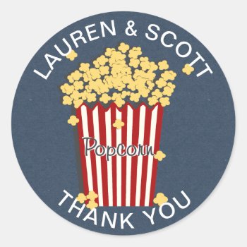 Popcorn Navy Blue And White Classic Round Sticker by happygotimes at Zazzle