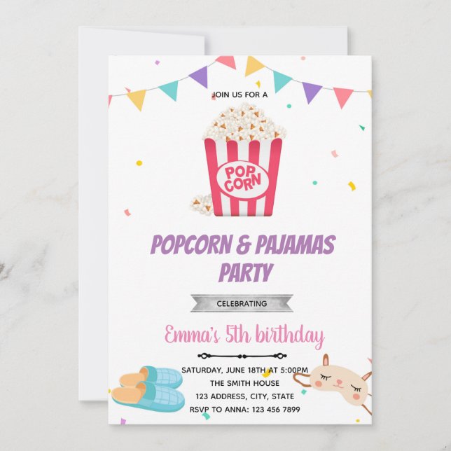 Popcorn pajamas birthday invitation (Front)