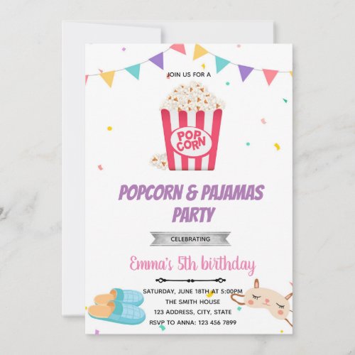 Popcorn pajamas birthday invitation