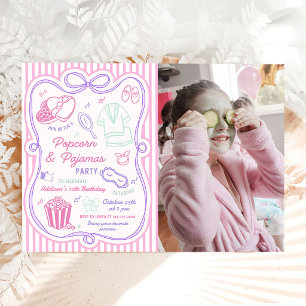Popcorn Pajamas Sleepover Slumber Birthday Photo Invitation