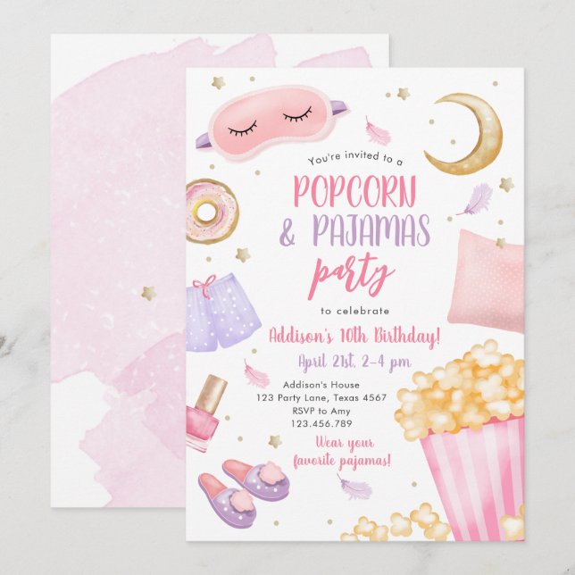 Popcorn Pajamas Sleepover Slumber Party Birthday I Invitation (Front/Back)