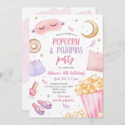 Popcorn Pajamas Sleepover Slumber Party Birthday I Invitation