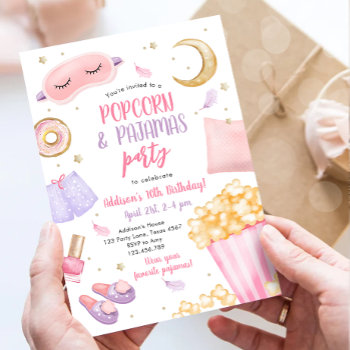 Popcorn Pajamas Sleepover Slumber Party Birthday Invitation by Anietillustration at Zazzle