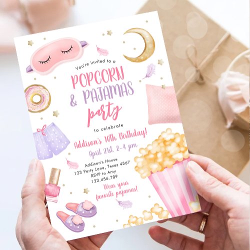 Popcorn Pajamas Sleepover Slumber Party Birthday Invitation
