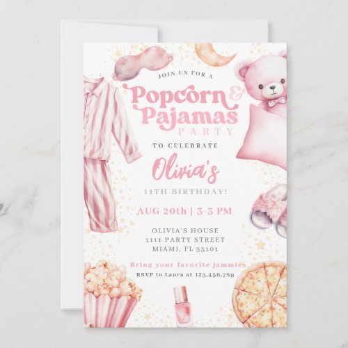 Popcorn Pajamas Sleepover Slumber Party Birthday Invitation