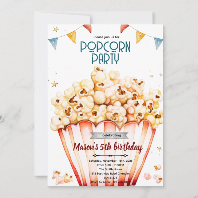Popcorn party theme invitation (Front)