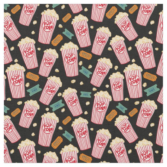 Popcorn Pattern Movie Night Theater Fun Black Fabric (Close Up)