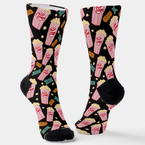 Popcorn Pattern Movie Night Theater Fun Film Black Socks