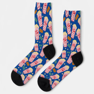 Popcorn Pattern Movie Night Theater Fun Film Blue Socks