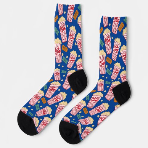 Popcorn Pattern Movie Night Theater Fun Film Blue  Socks