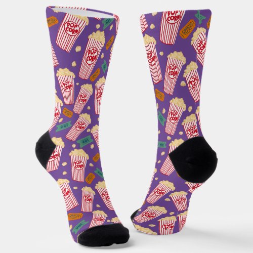 Popcorn Pattern Movie Night Theater Fun Film Purpl Socks