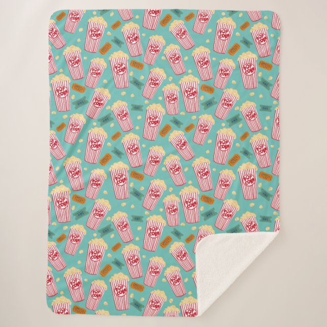 Popcorn Pattern Movie Night Theater Fun Teal Sherpa Blanket (Front)