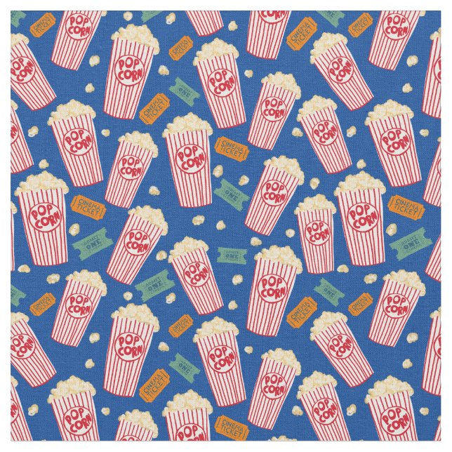 Popcorn Pattern Movie Night Theater Fun White Fabric (Close Up)