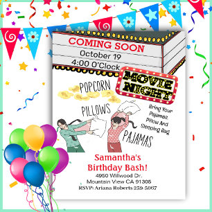 Popcorn Pillows Pajamas Girl Movie Night Birthday  Invitation