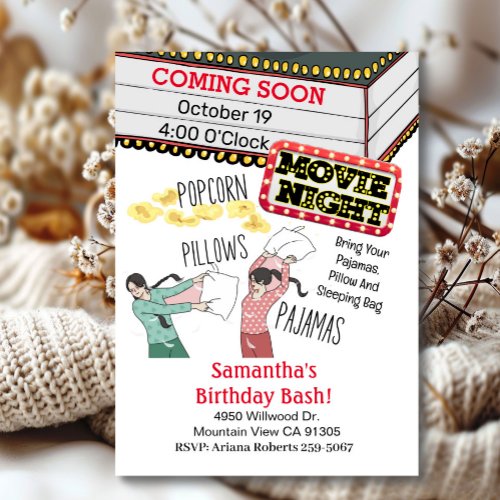 Popcorn Pillows Pajamas Movie Night Birthday  Invitation