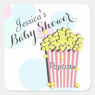 Popcorn Pink Baby Shower Square Sticker