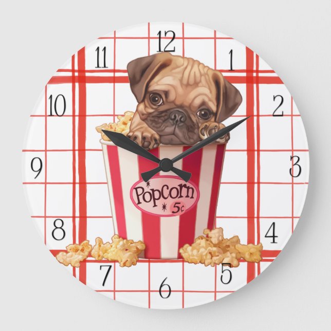 Popcorn pug puppy large clock (Front)