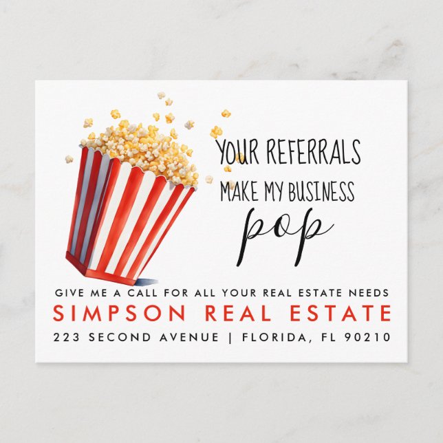 Popcorn real estate referrals client announcement postcard (Front)