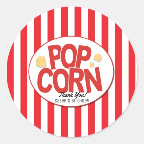 Popcorn Red  White Stripe Movie Party Favor Classic Round Sticker