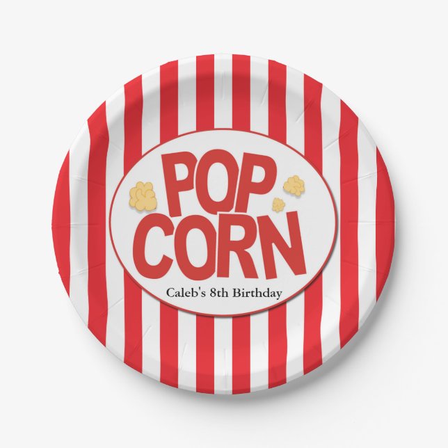 Popcorn Red & White Stripe Movie Party Paper Plates (Front)
