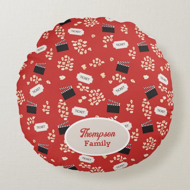 Popcorn Retro Movie Cinema Monogram Round Pillow (Front)