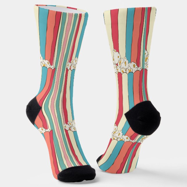 Popcorn Stripe Socks - Movie Night Fun Design (Angled)